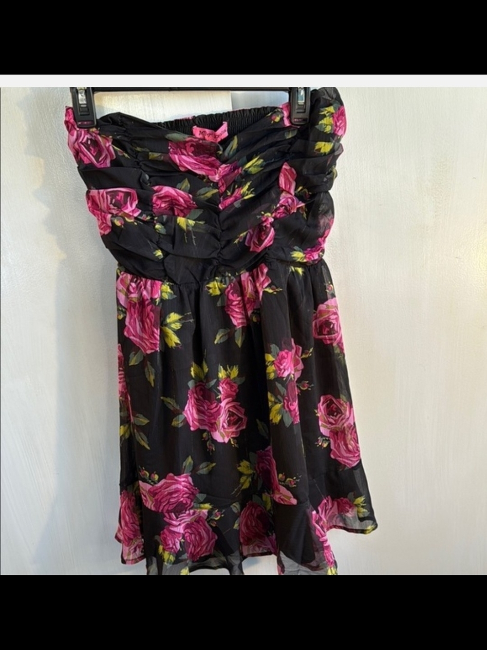 Betsey Johnson NWOT Strapless Black Dress with Pink Rose Print